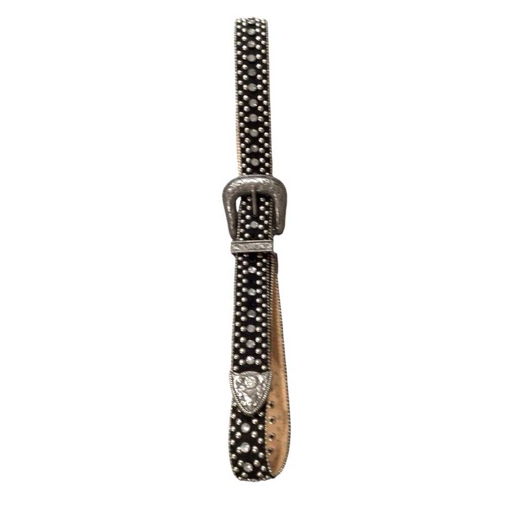 Womens Guess Rhinestone Silver Buckle Black Leather Belt
